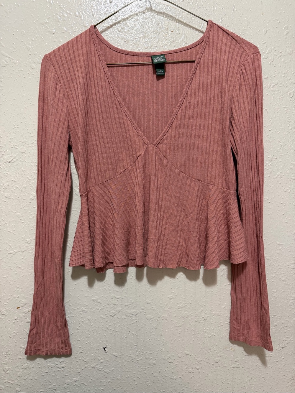 wild fable Mauve Ribbed V-Neck Peplum Long Sleeve Top